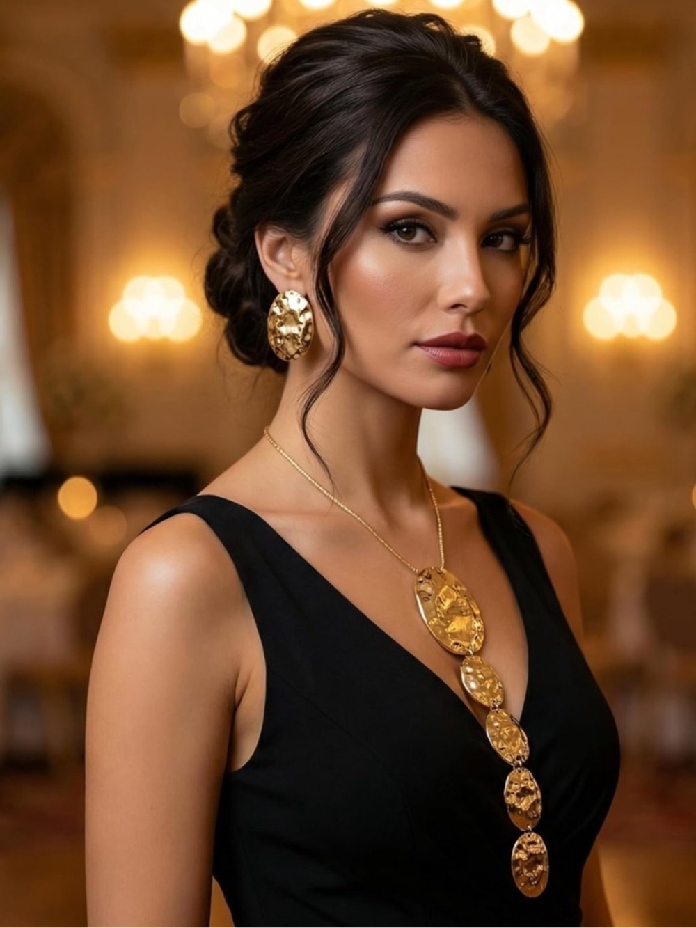 Molten Gold Hammered Disc Statement Necklace Set